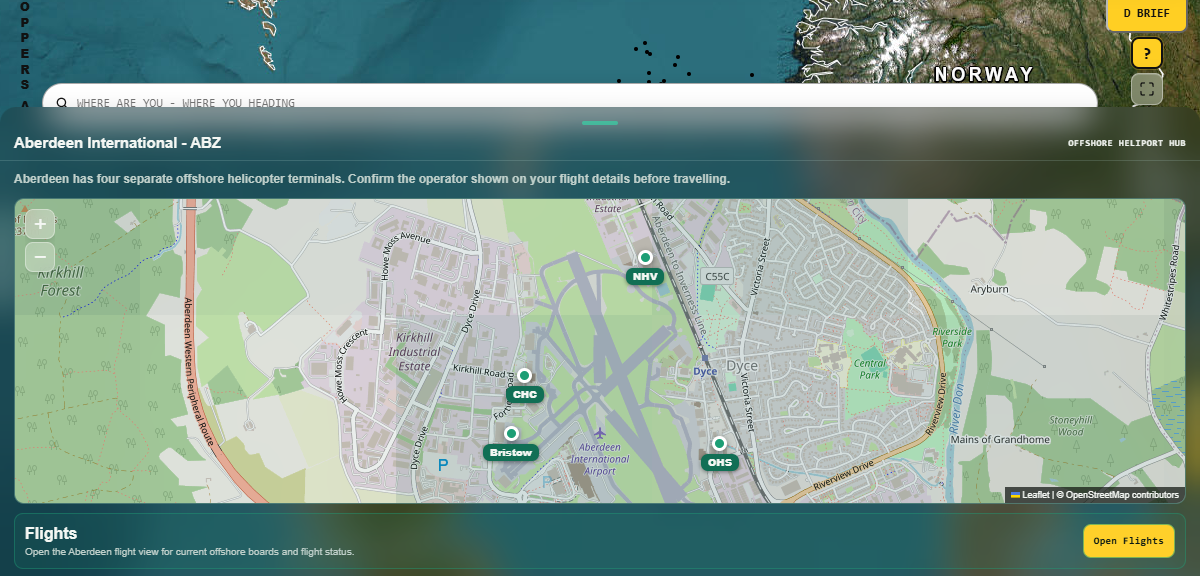 Current CHOPPERS APP Aberdeen heliport hub with operator terminal map pins