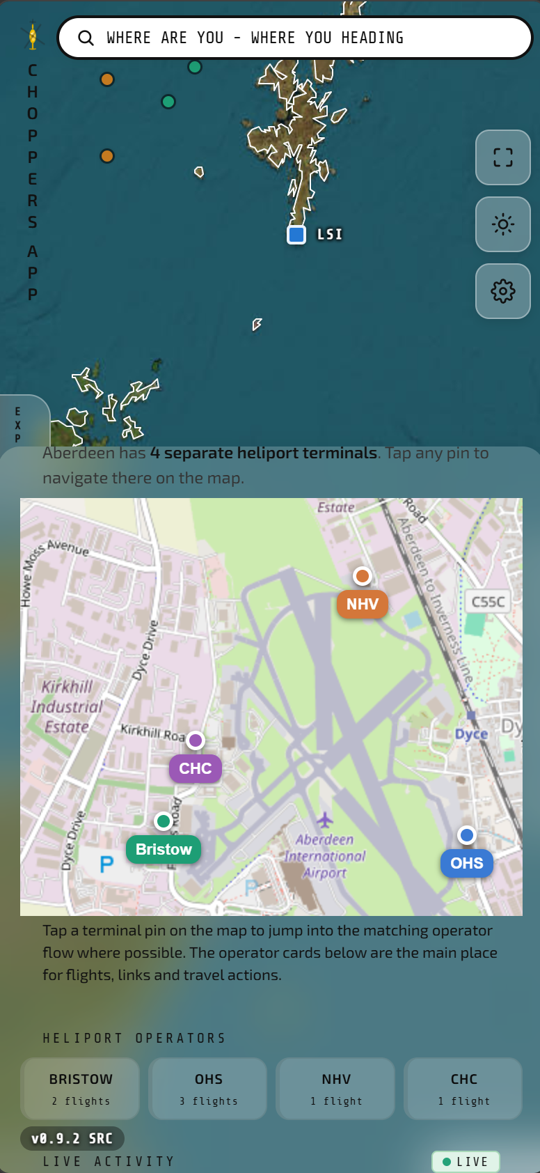 CHOPPERS app showing Aberdeen heliport terminal map pins