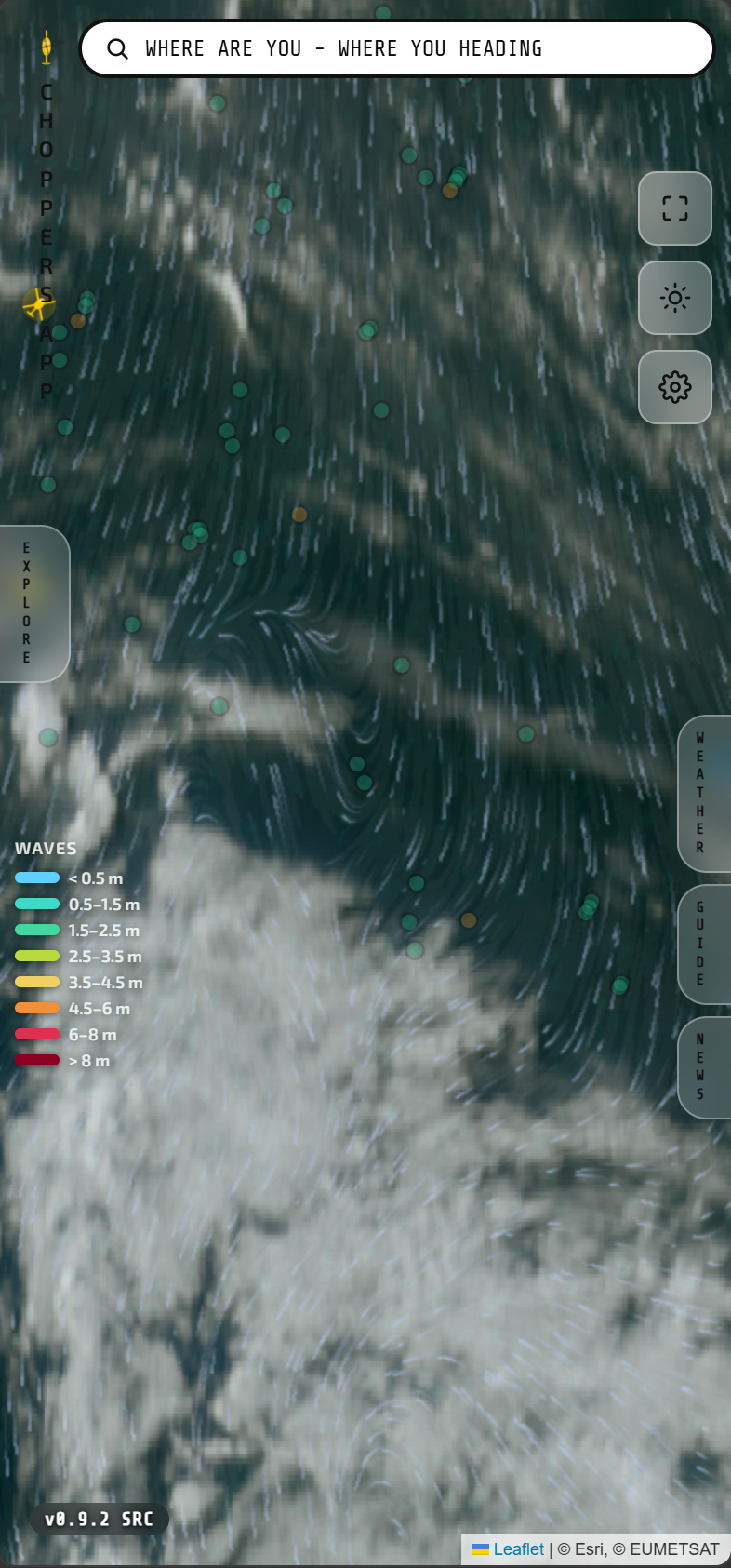 CHOPPERS app satellite clouds layer over the North Sea map