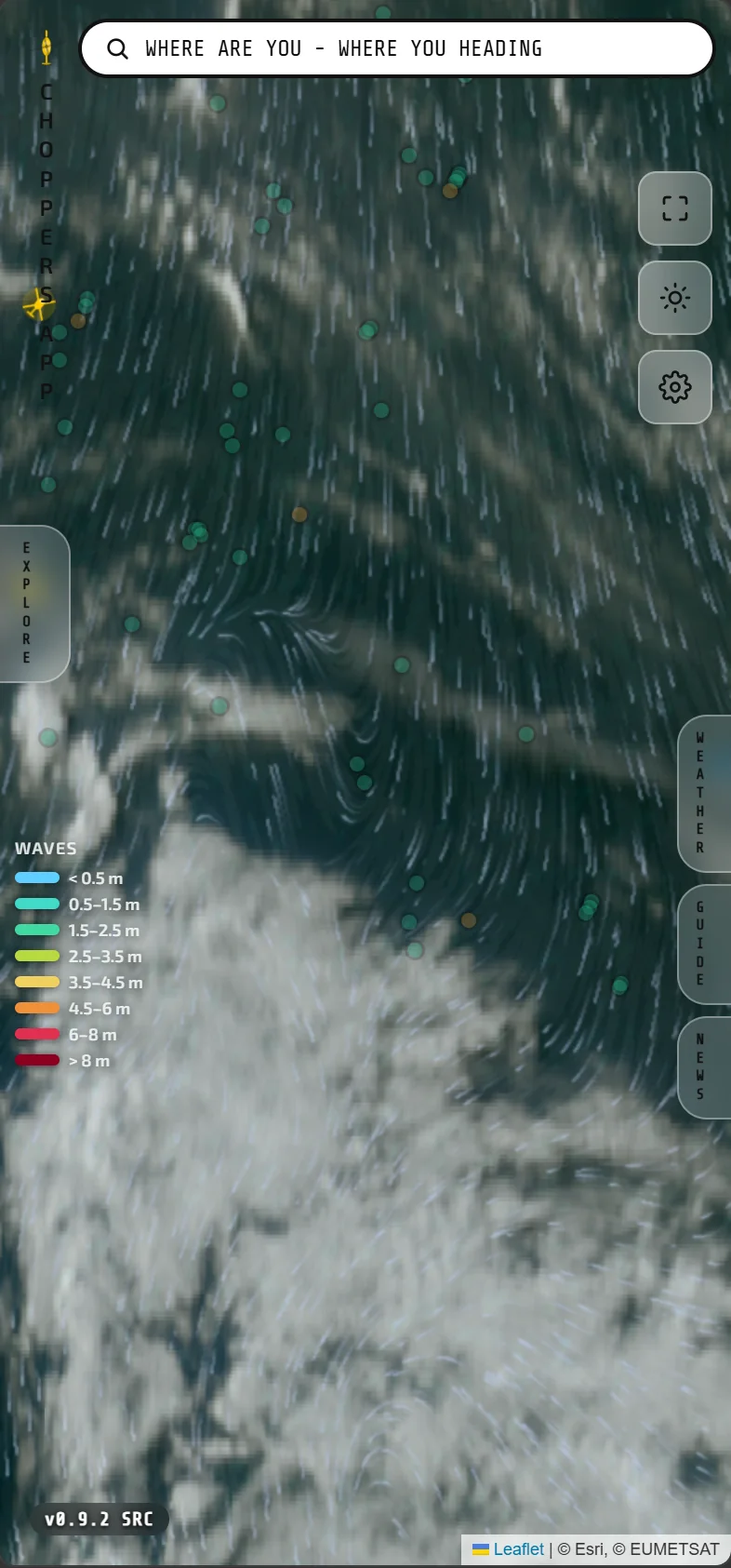 CHOPPERS app satellite clouds layer over the North Sea map