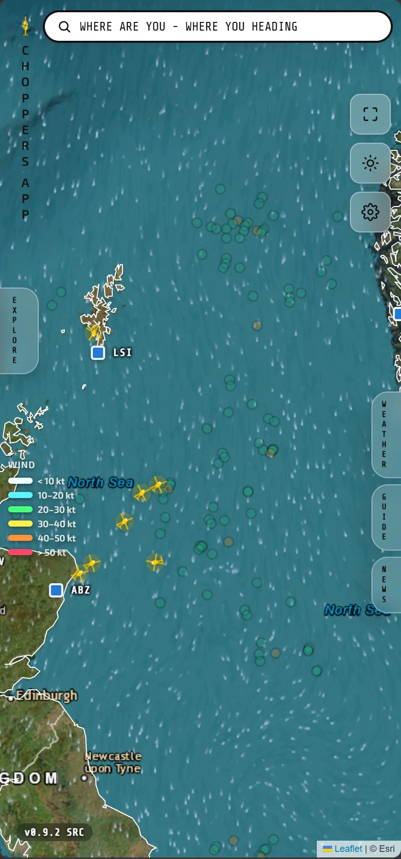 CHOPPERS app wind layer over the North Sea map