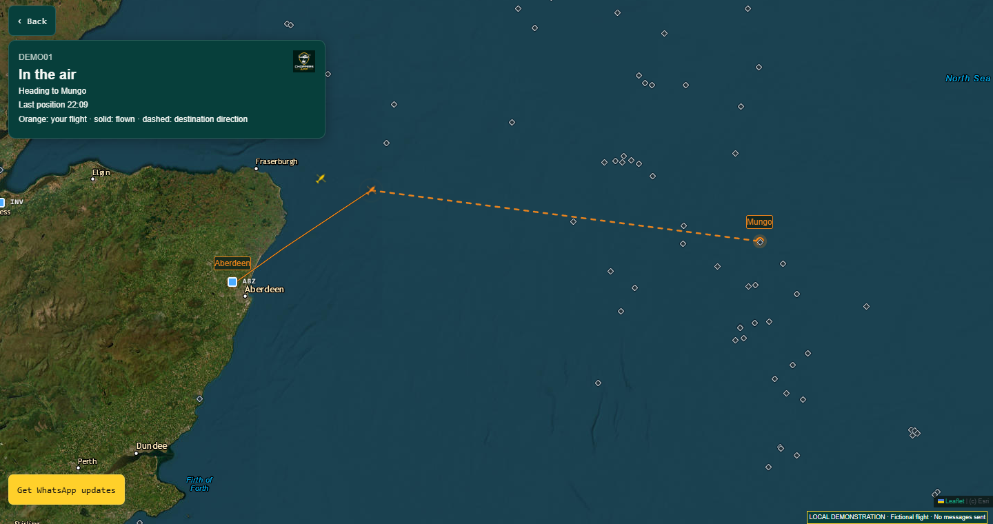 Desktop Share and Watch example: fictional flight DEMO01 with its orange flown trail from ABZ and dashed direction to Mungo, both endpoints visible